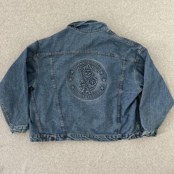Sons of Anarchy Denim Trucker Jacket Mens XL Blue Embroidered Reaper Made in USA